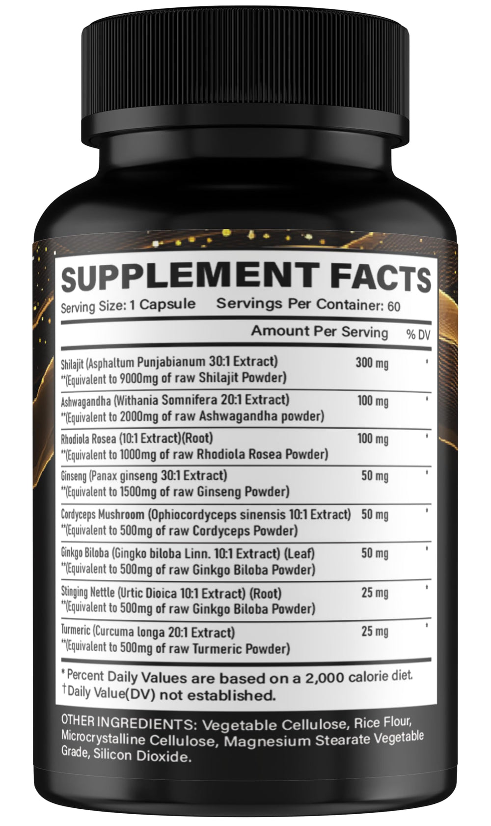 Shilajit capsules with Ashwagandha and Rhodiola ingredients
