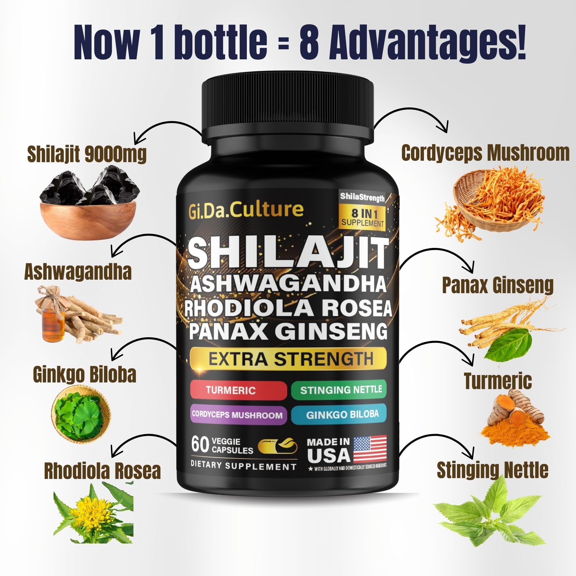 Natural ingredients including Shilajit and Panax Ginseng for wellness