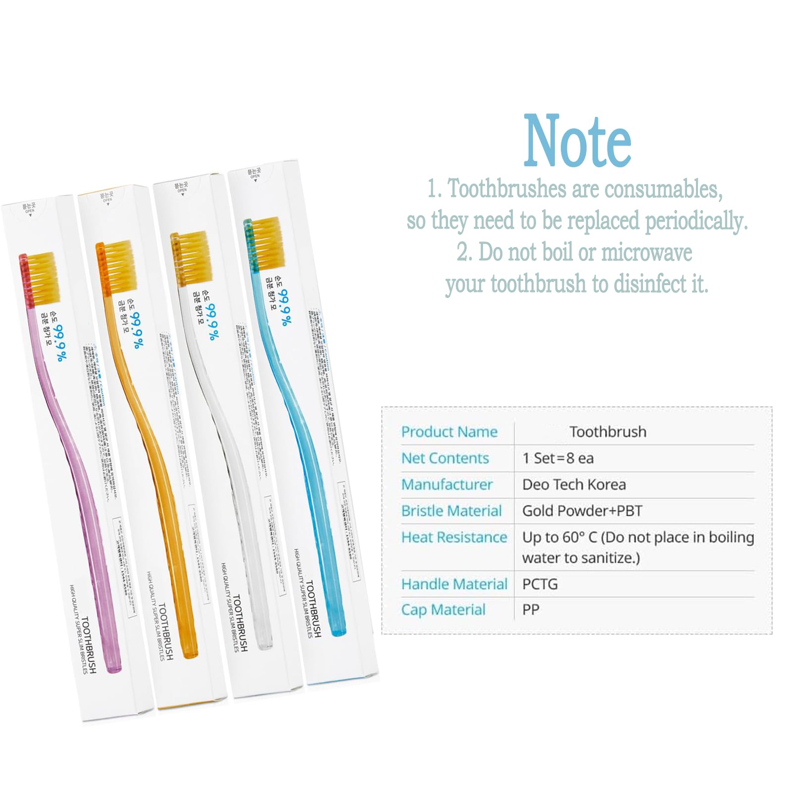 Eight-pack toothbrush in four colors (pink, yellow, white, blue) with ergonomic PCTG handle