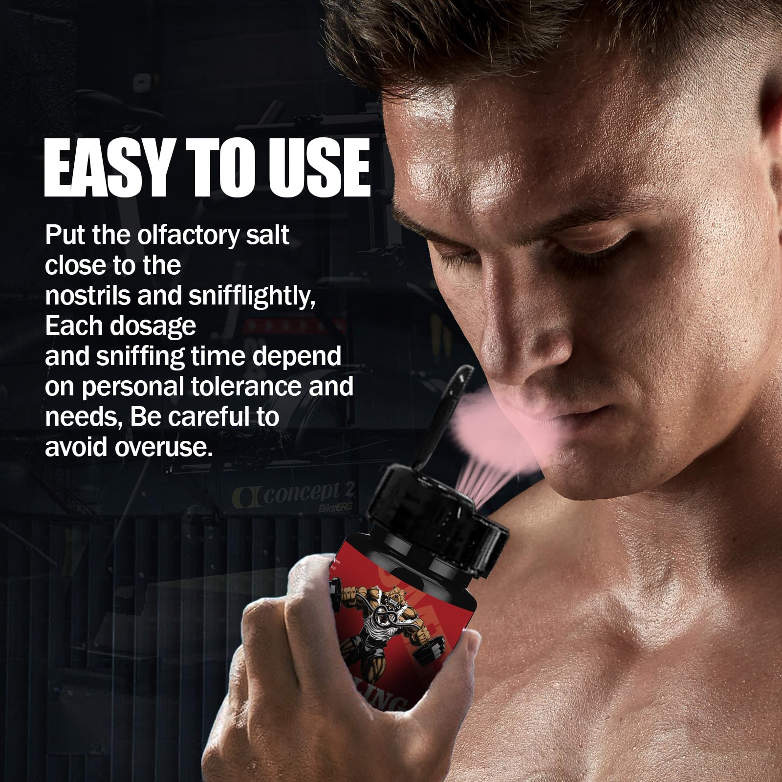 GIHNJSI Powerlifter smelling salts in an athlete-use scenario during training.