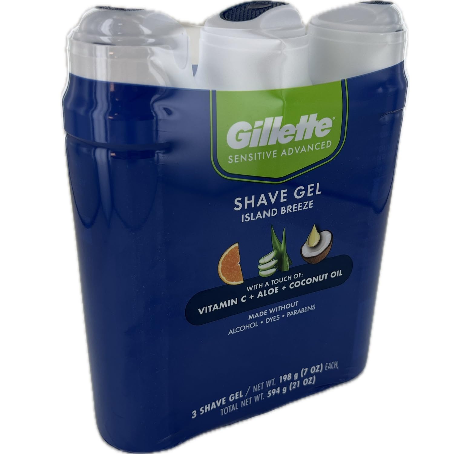 Close-up of Aloe and Vitamin C ingredients on Gillette Sensitive Plus Island Breeze