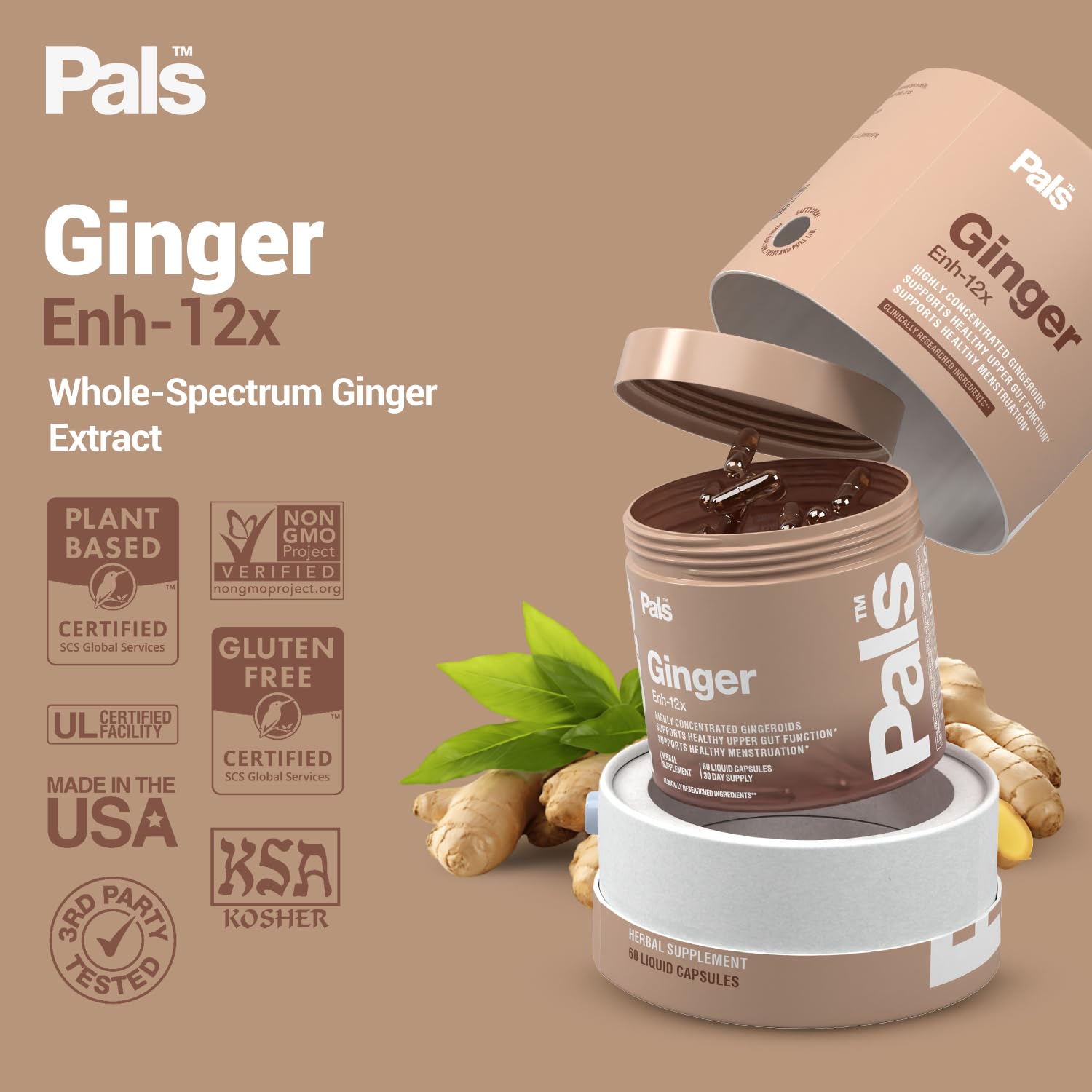 Vegan ginger capsules close-up showing softgel appearance