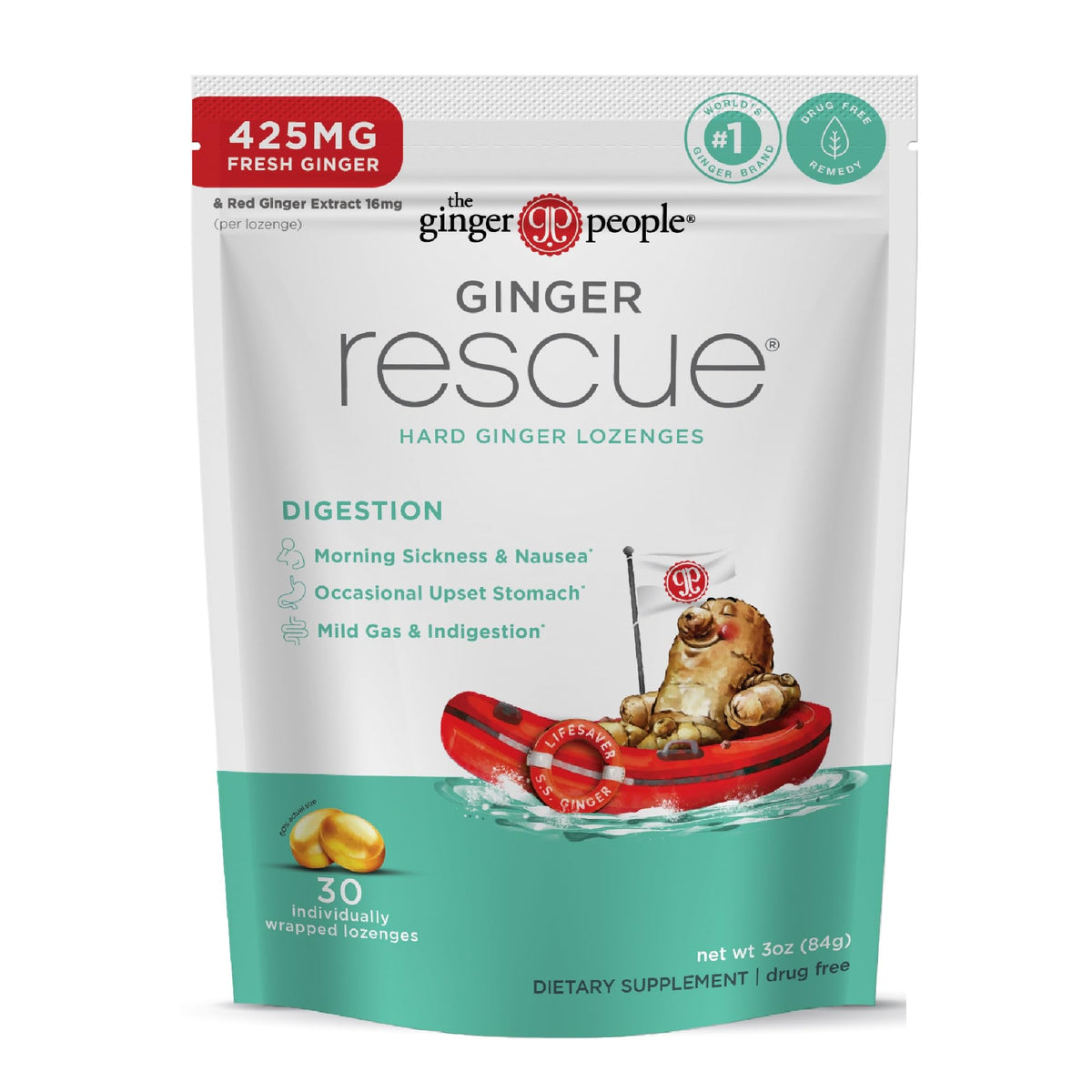 Ginger Rescue lozenges box front – 30-count pack