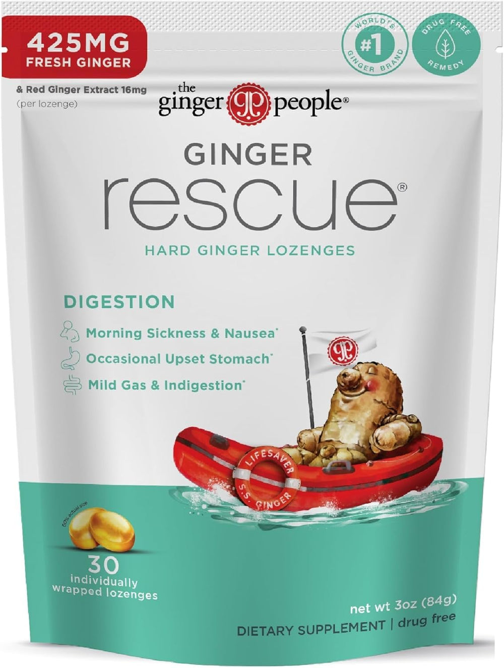 Close-up of Ginger Rescue hard lozenges showing smooth texture