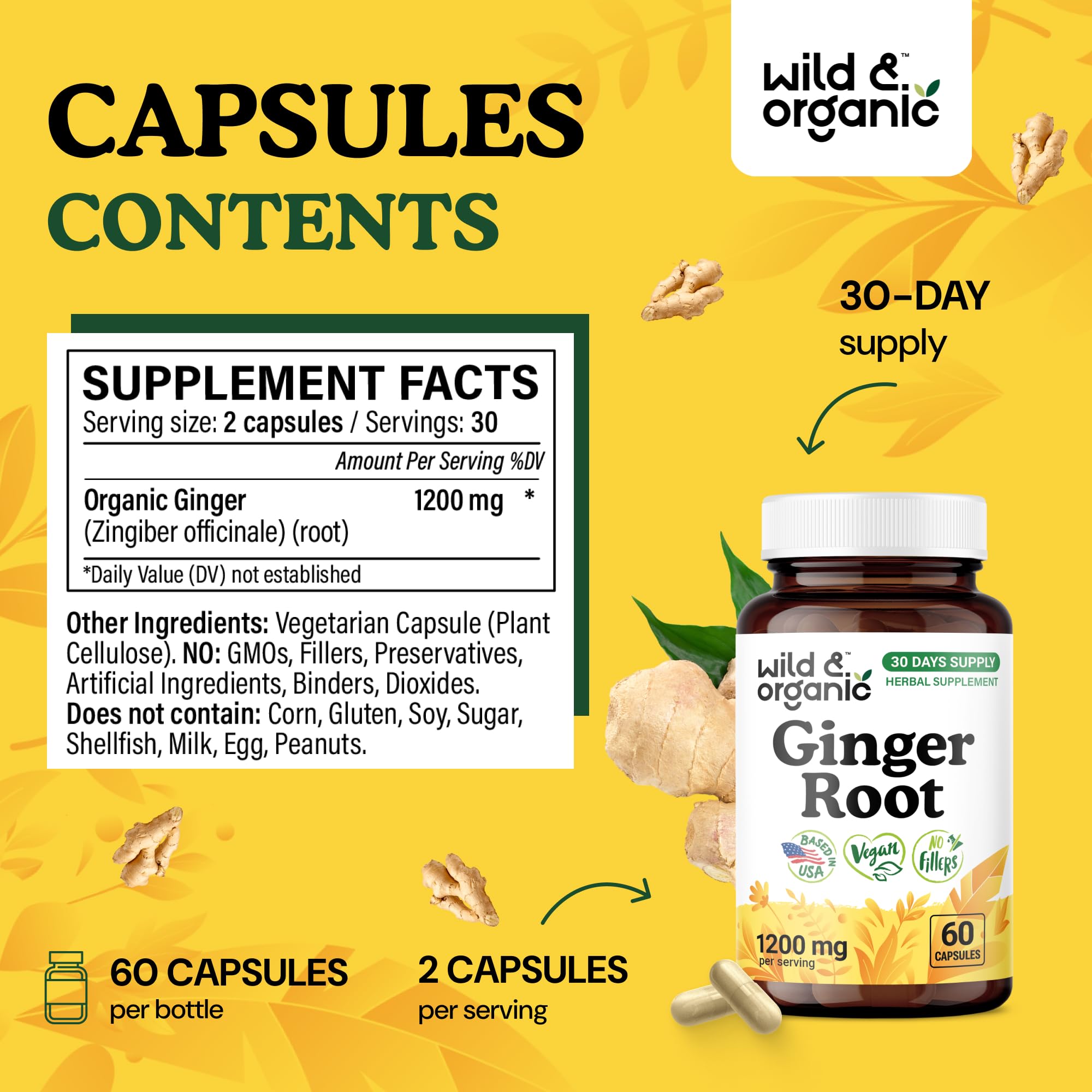 Close-up of the Ginger Root Capsules label showing 1200 mg per serving.