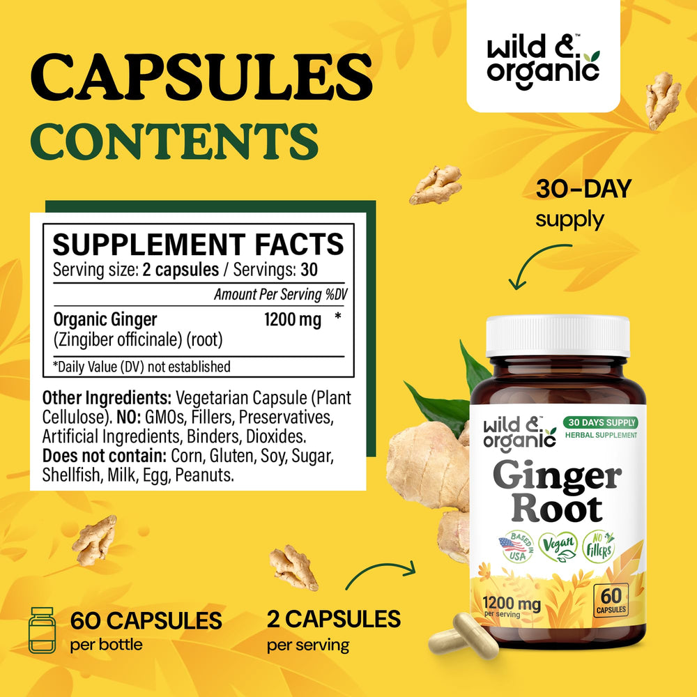 Close-up of the Ginger Root Capsules label showing 1200 mg per serving.