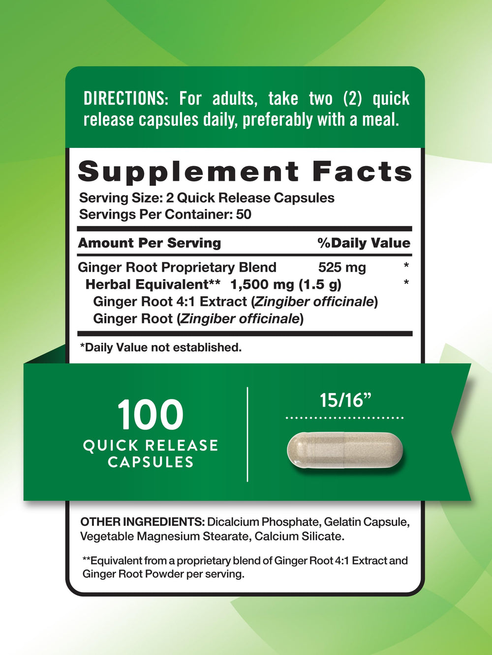 Close-up of ginger root extract capsules, 1500mg