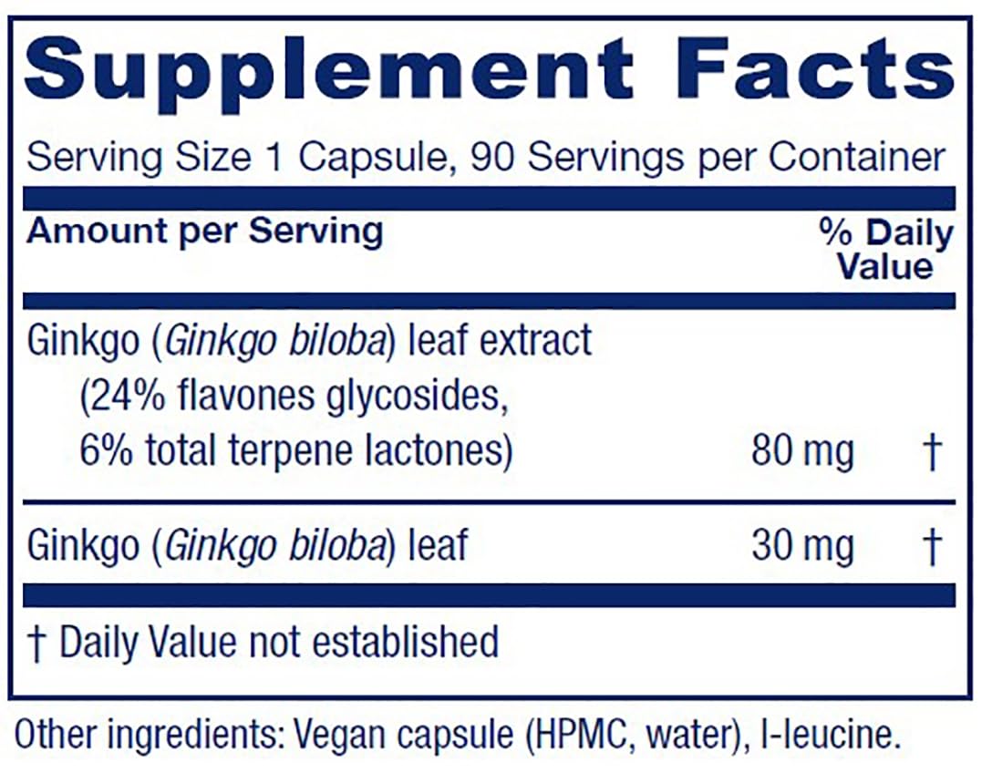 Bottle label showing 90 capsules of Ginkgo Biloba extract
