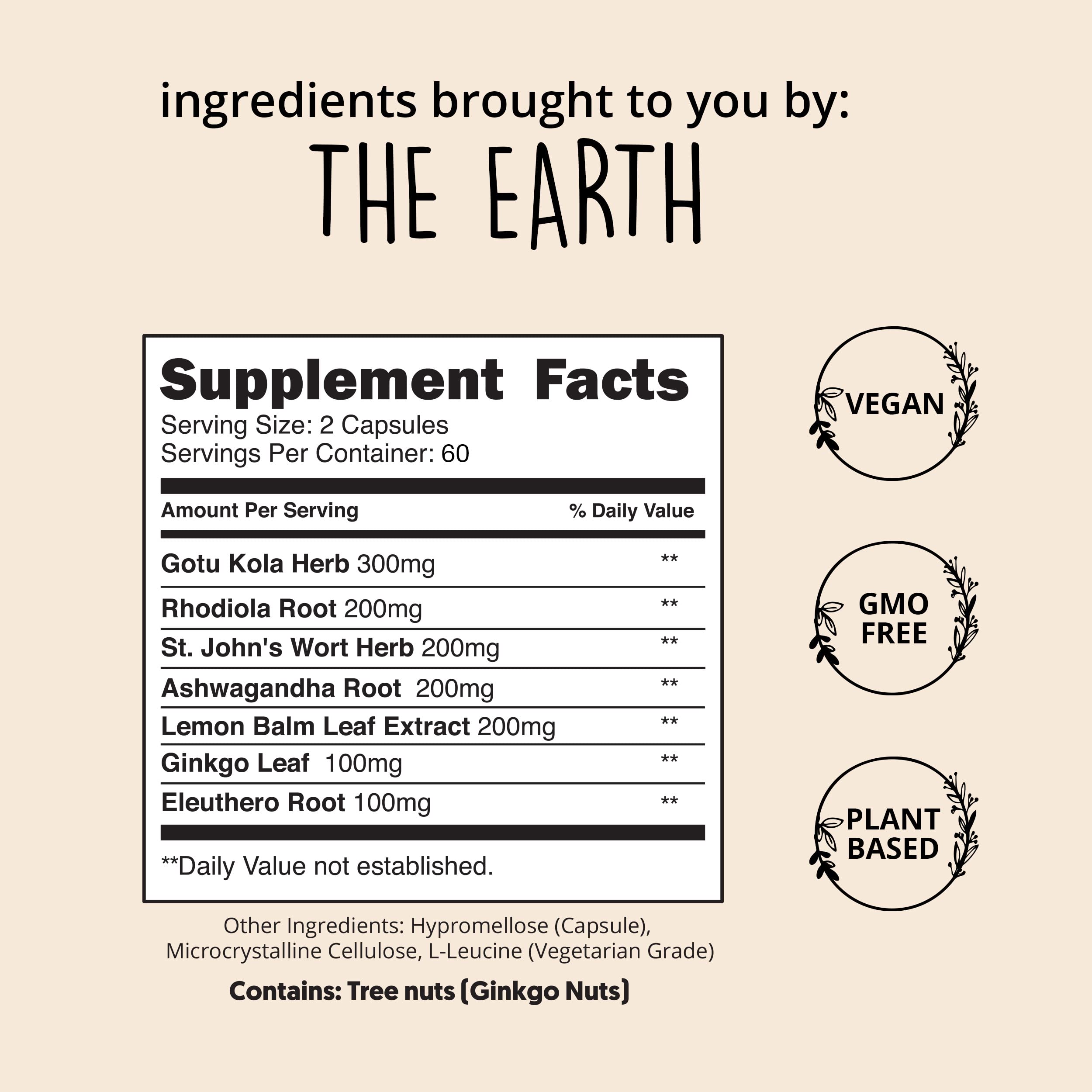 Ginkgo Biloba, Lemon Balm and Ashwagandha in capsule formula