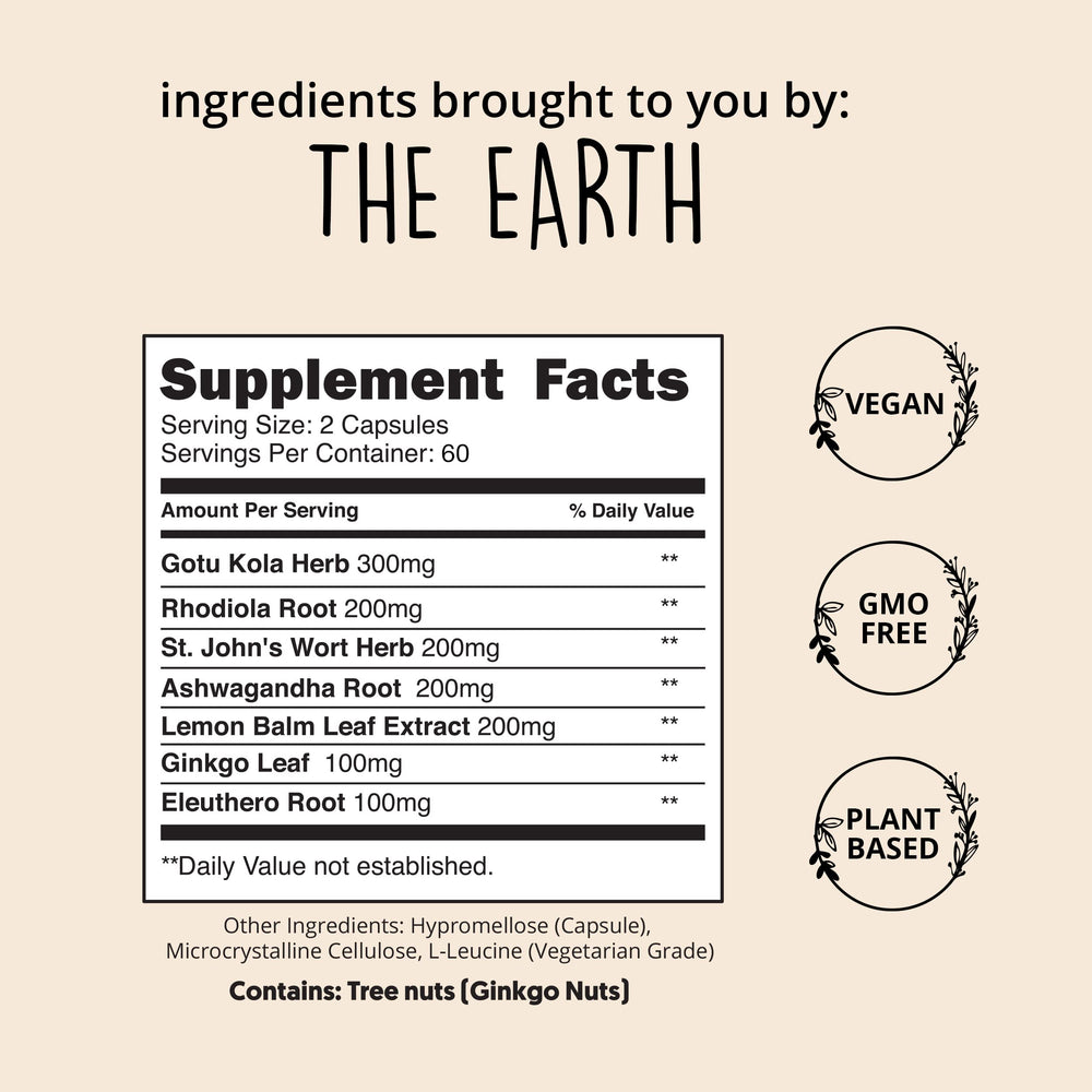 Ginkgo Biloba, Lemon Balm and Ashwagandha in capsule formula