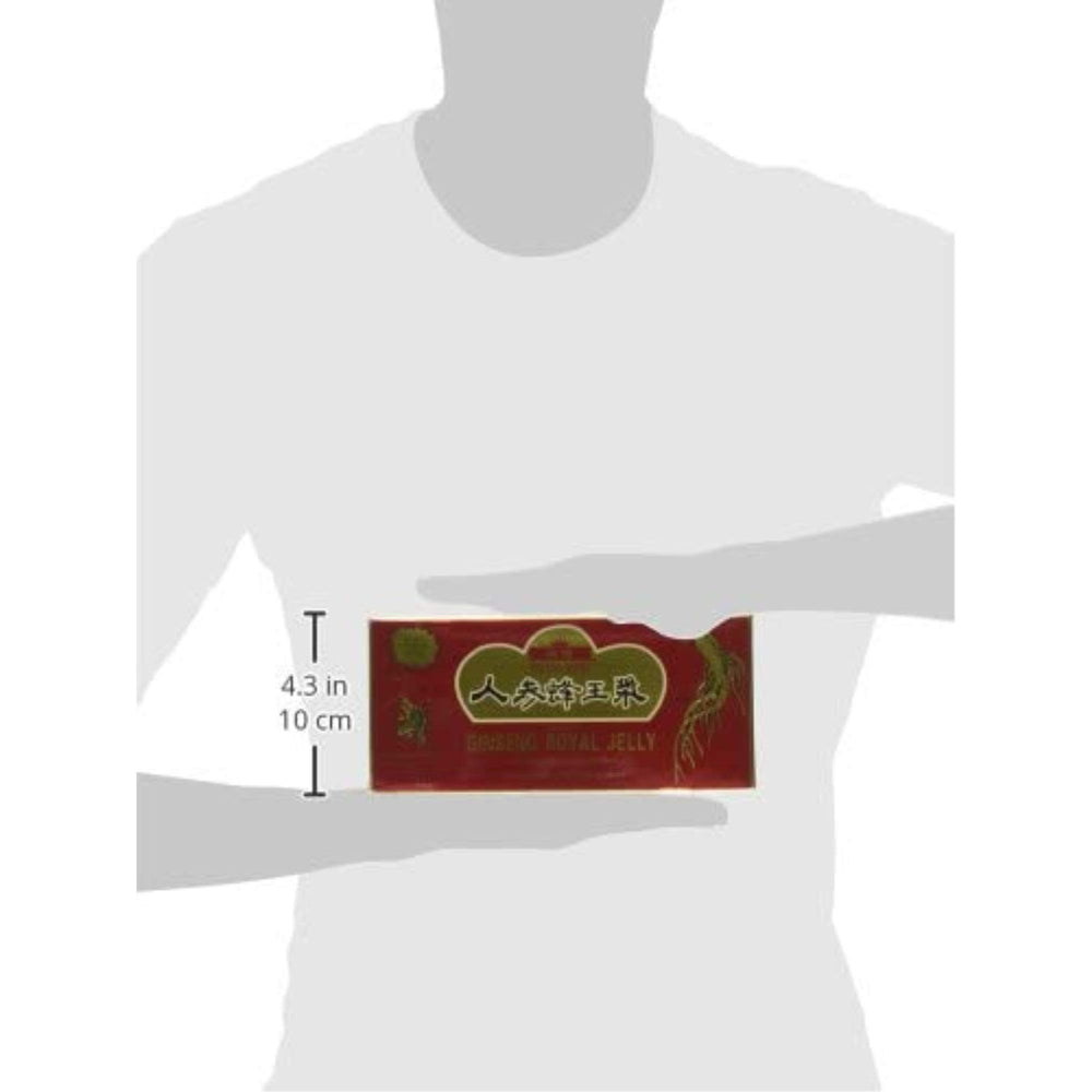 Product packaging and vials of ginseng and royal jelly in honey base