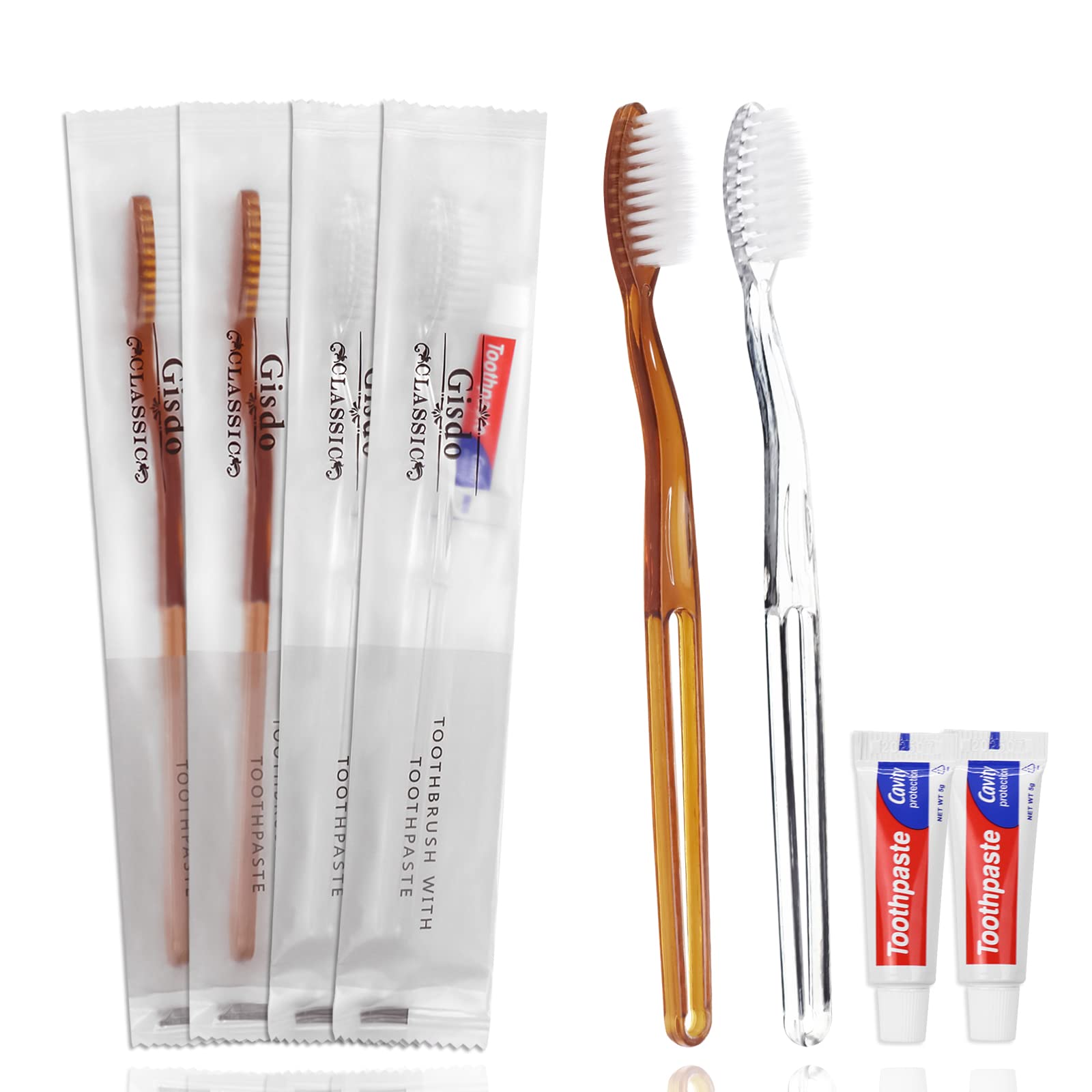 Gisdo 100-pack disposable toothbrushes with toothpaste in two color options