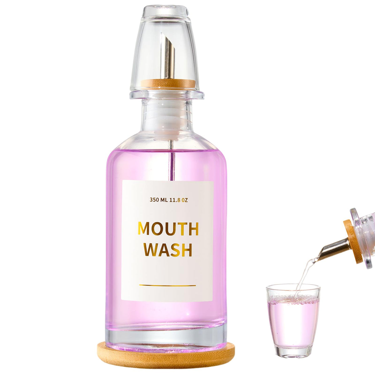 Clear glass mouthwash bottle with 11.8oz capacity