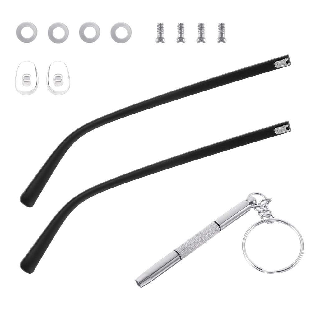 Black universal glasses arm repair parts laid out