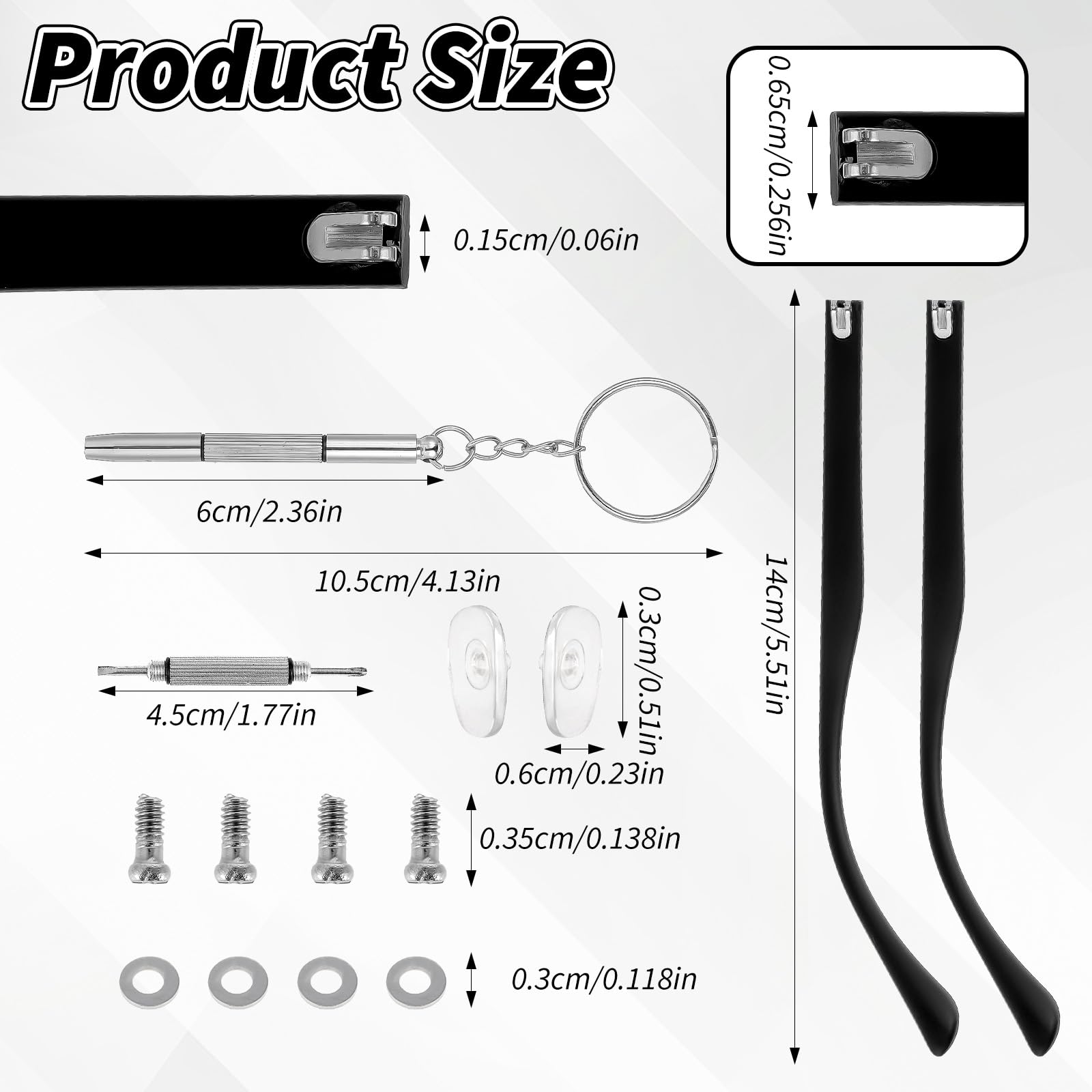 Repair kit components: screwdriver, screws, washers, and nose pads