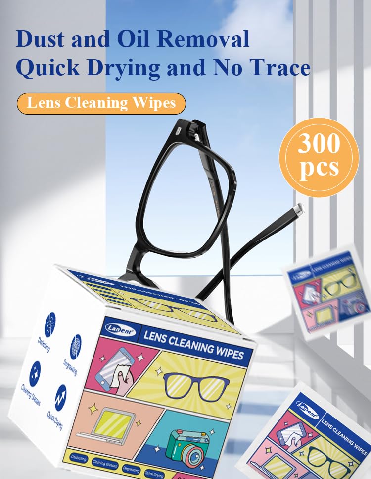 Box of 300 individually wrapped lens wipes and packaging