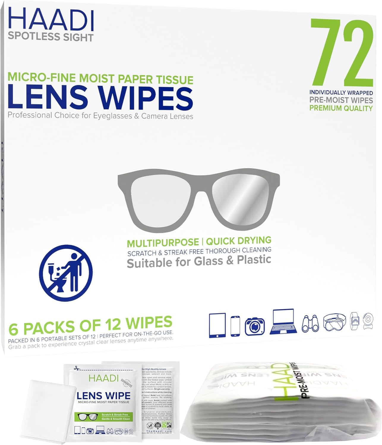 Box of 72 glasses cleaner wipes – front view