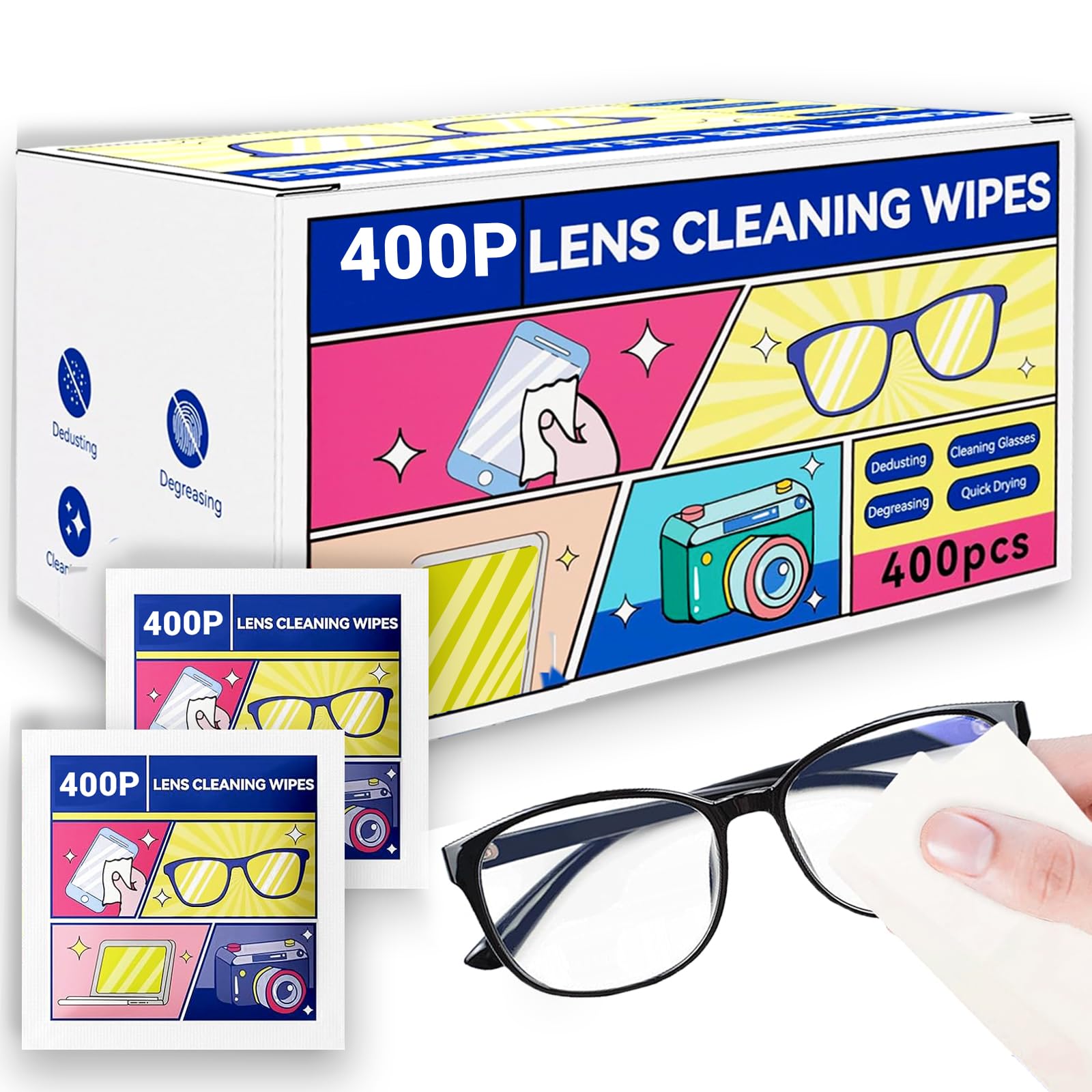Box of 400 pre-moistened glasses cleaning wipes