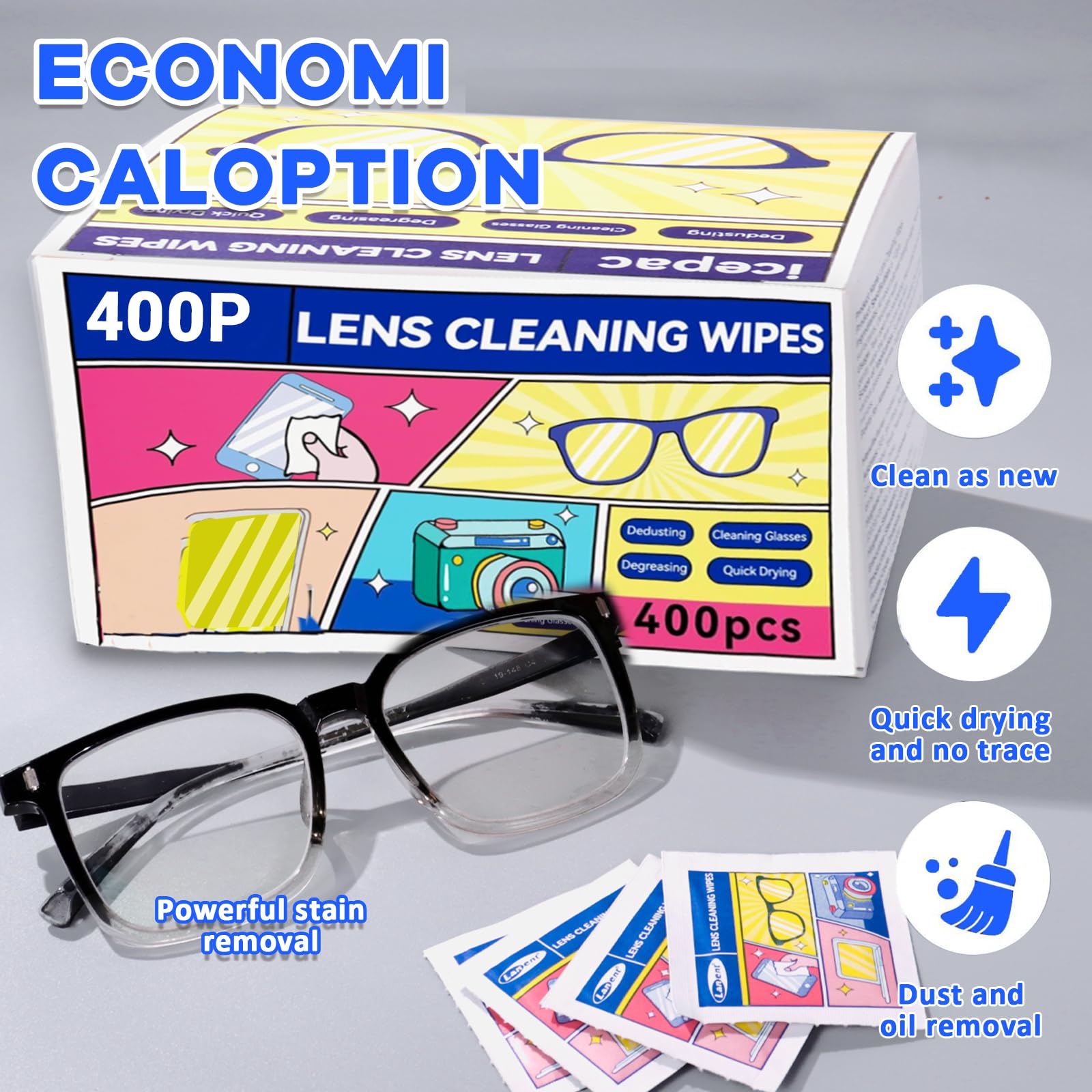 All-in-one cleaning wipes for glasses, cameras and screens