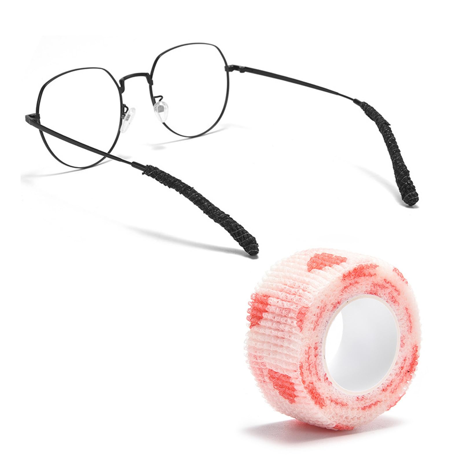 Close-up of glasses ear cushion bandage applied to temple tip