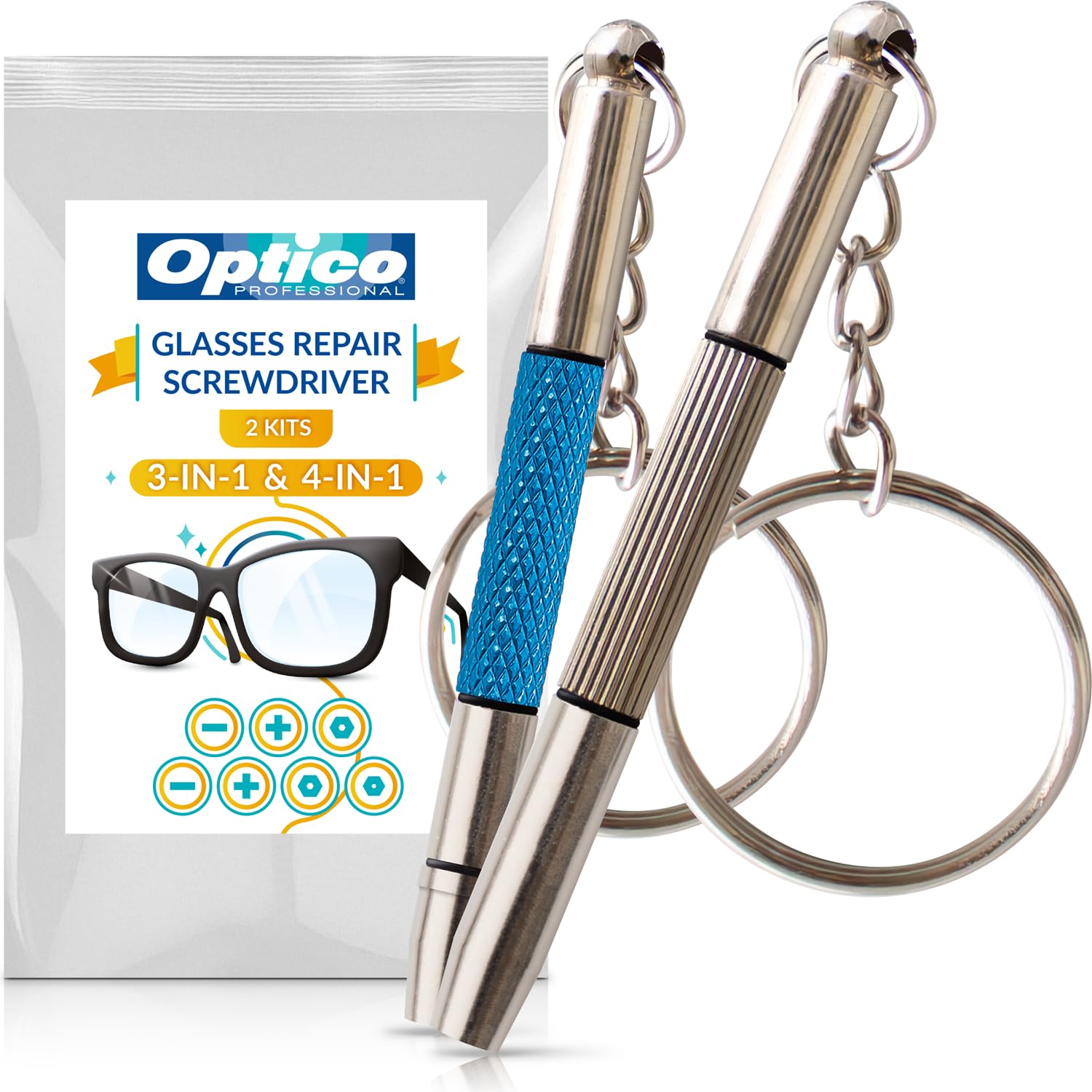Mini screwdriver set attached to a keychain for glasses repair