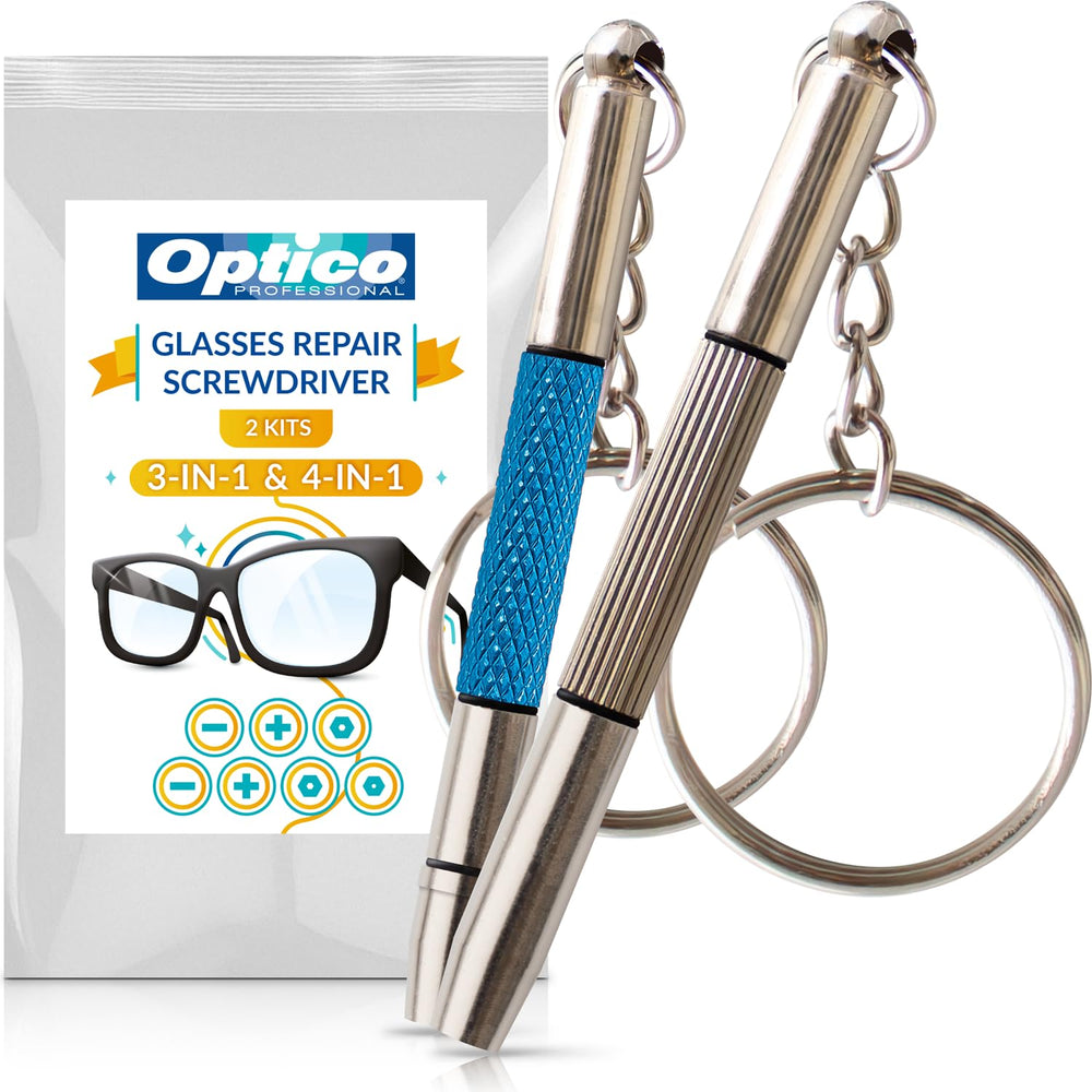 Mini screwdriver set attached to a keychain for glasses repair