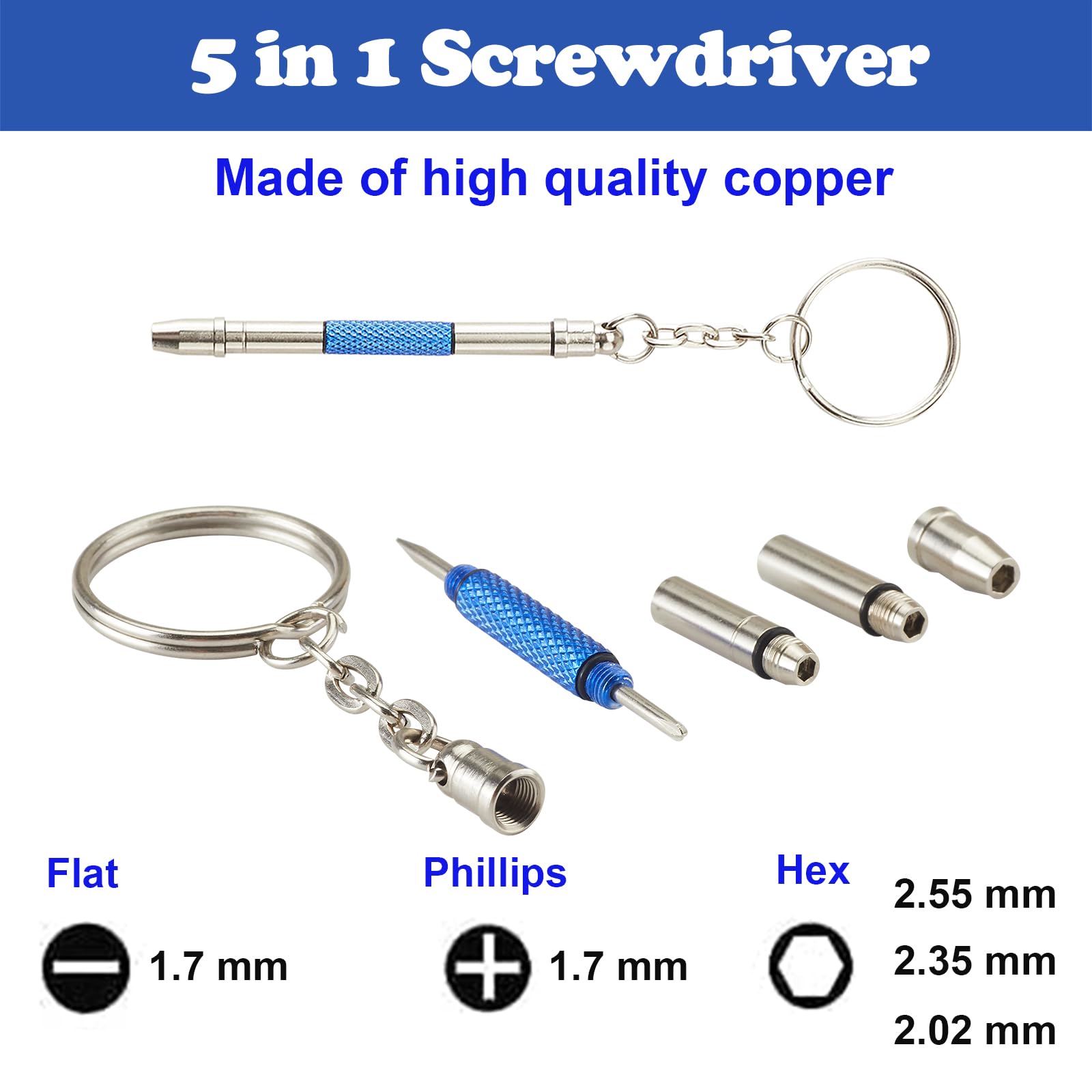  close-up of 5-in-1 screwdriver heads: Flat, Phillips and HEX sizes