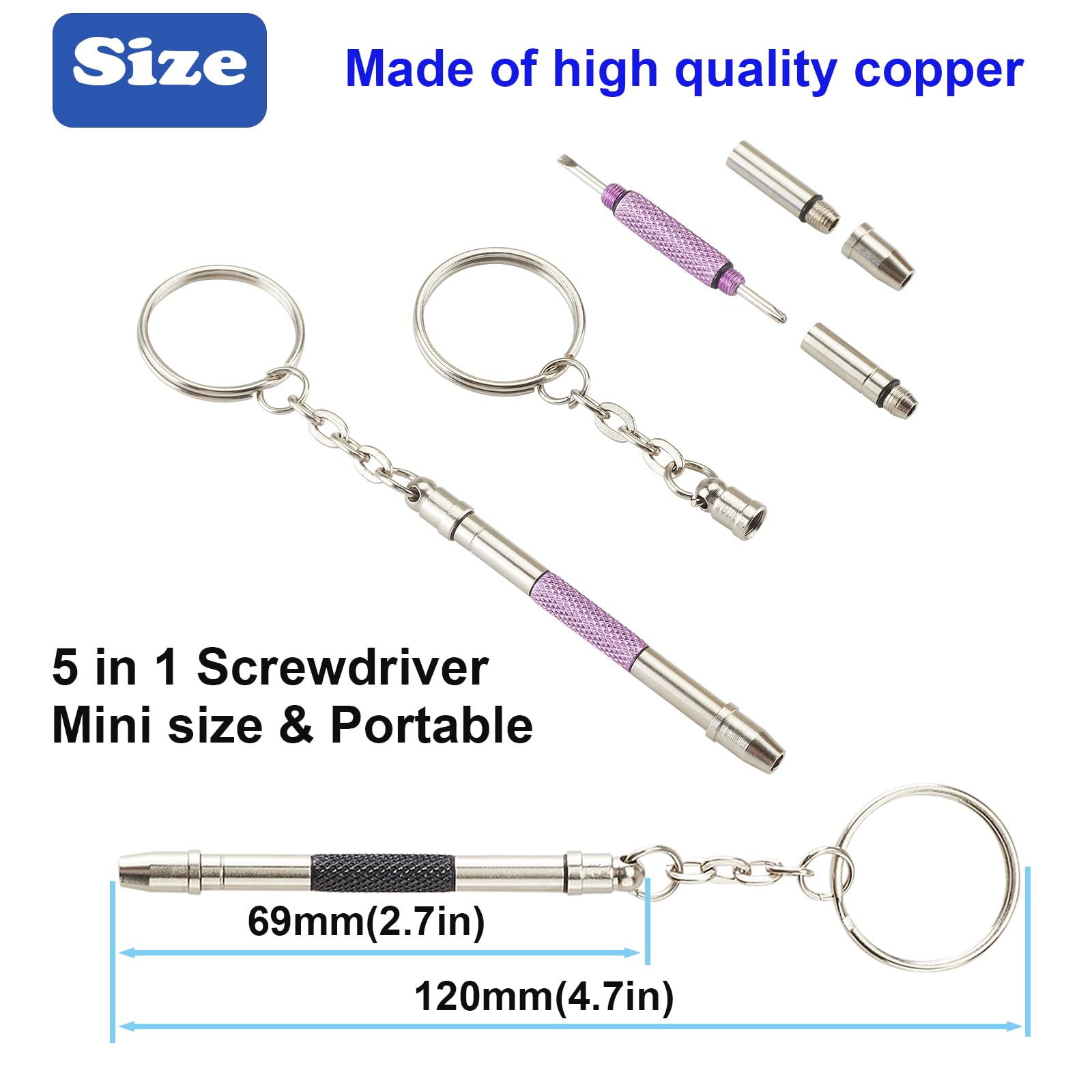 5-in-1 eyeglass repair kit tips: Flat 1.7mm, Phillips 1.7mm, HEX sizes 2.05/2.35/2.45mm