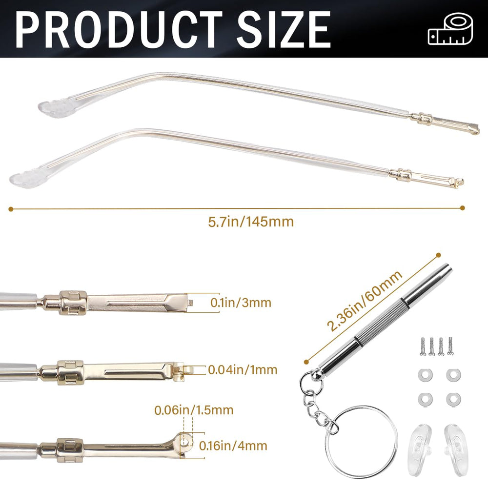 Close-up of durable metal glasses replacement arm