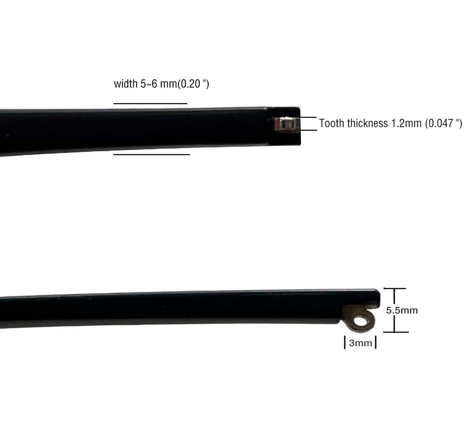 Close-up of hinge teeth for replacement glasses arms