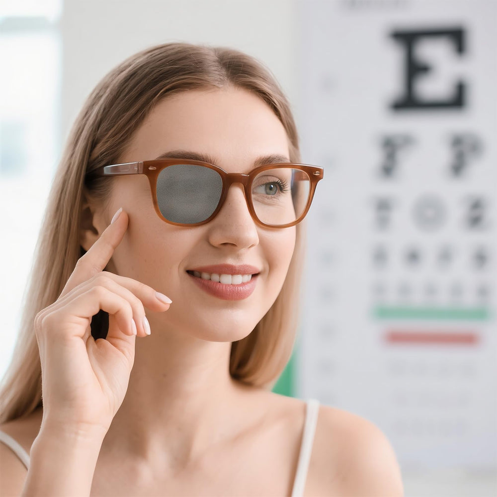 Eyeglasses wearer with a discreet brown eye patch