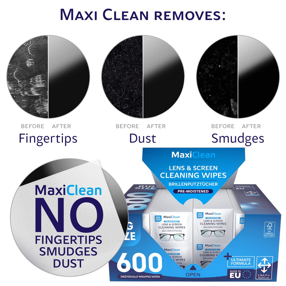 Single pre-moistened wipe in individual wrapper for glasses
