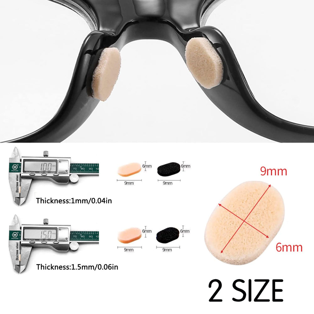 Eyeglasses showing foam nose pads installed on frame