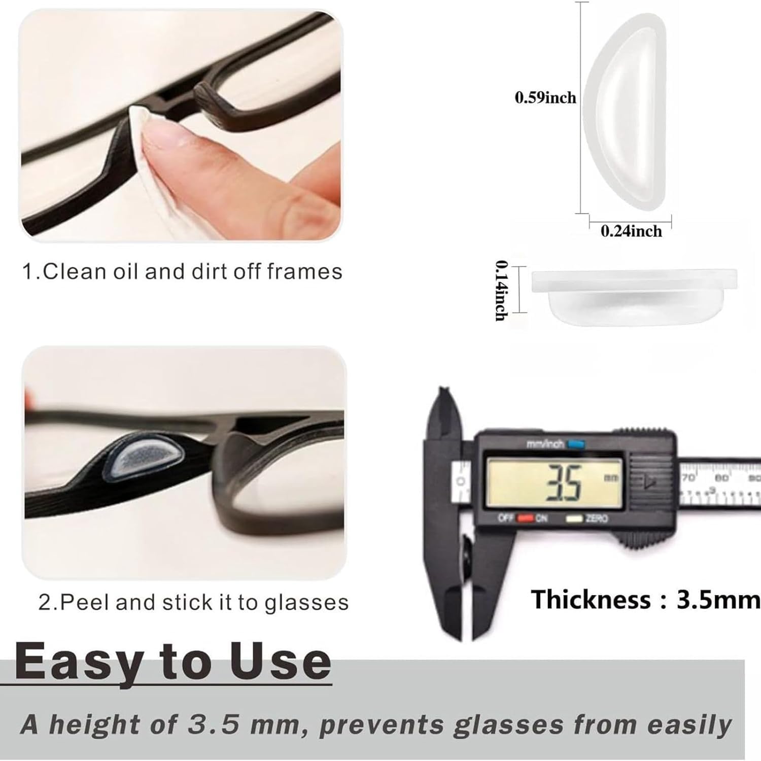 Eyewear with white adhesive nose pads applied