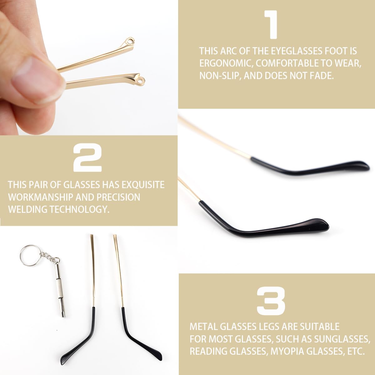 Color options for replacement arms: silver, black, gold, gunmetal