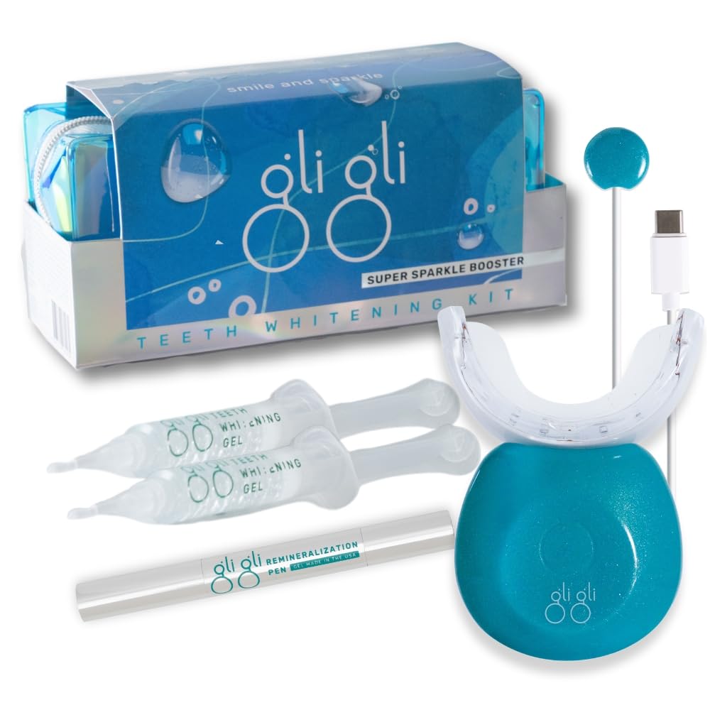Front view of gli gli Super Sparkle Booster Teeth Whitening Kit with LED device
