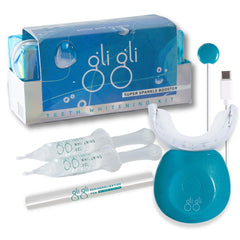 Front view of gli gli Super Sparkle Booster Teeth Whitening Kit with LED device