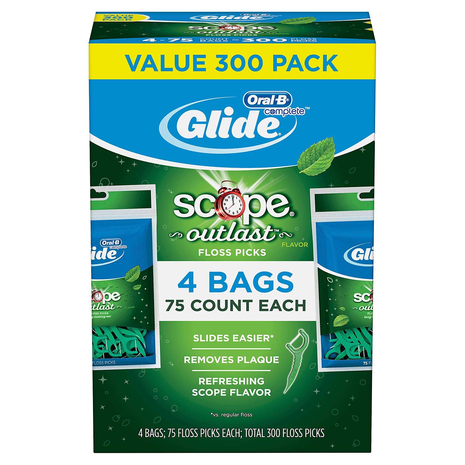 Glide Plusx 40mm Outlast mint floss picks with Scope, 4 packs of 75