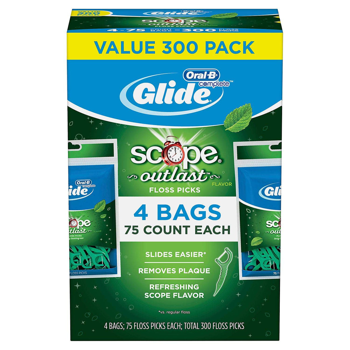 Glide Plusx 40mm Outlast mint floss picks with Scope, 4 packs of 75
