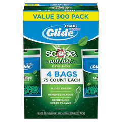 Glide Plusx 40mm Outlast mint floss picks with Scope, 4 packs of 75