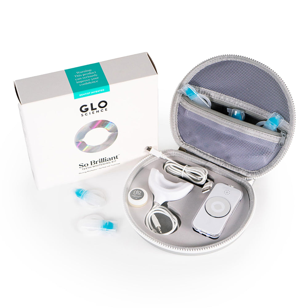 GLO So Brilliant Teeth Whitening Kit with warming mouthpiece and LED light