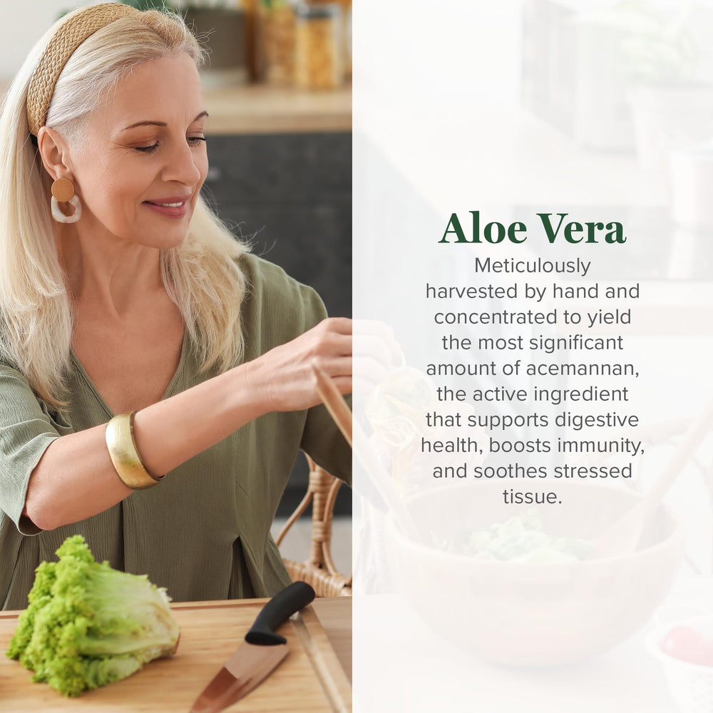 Fresh Aloe Vera leaf alongside 200x concentrate bottle