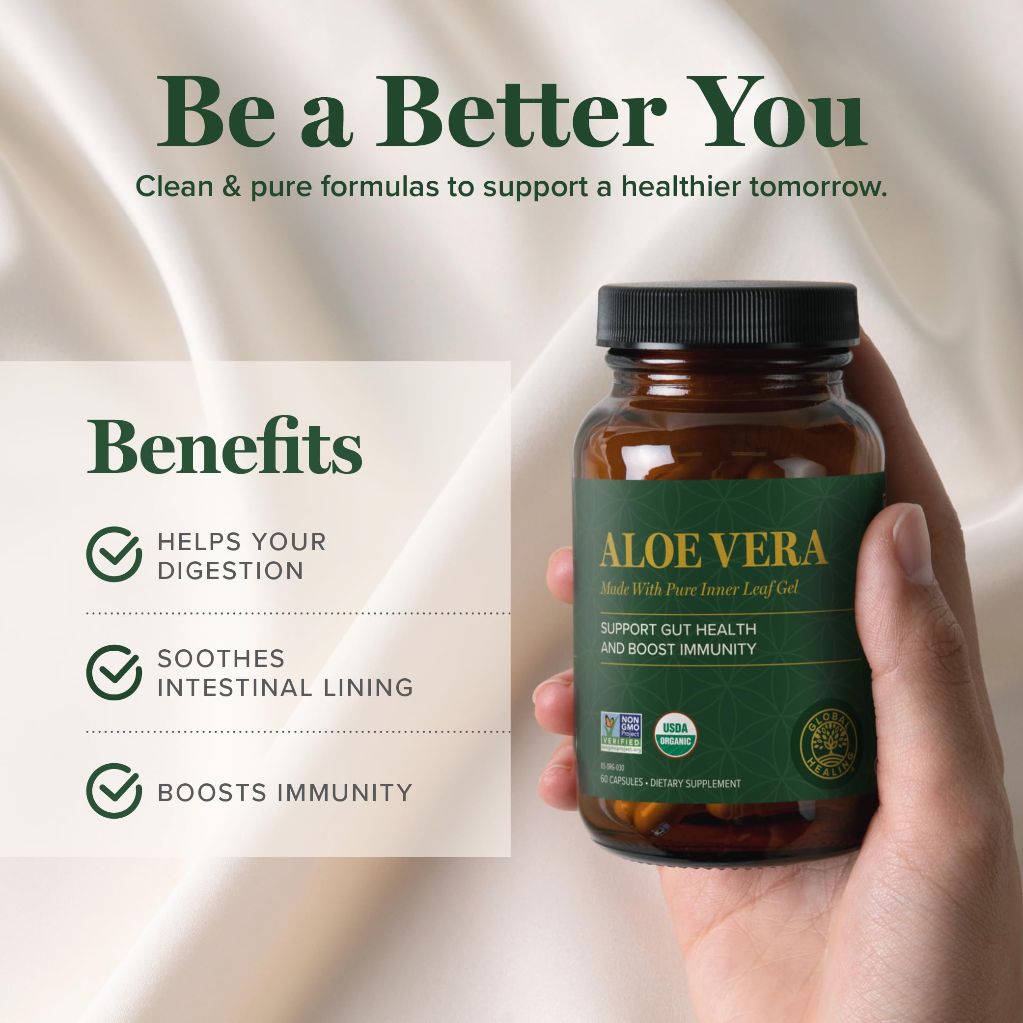 Aloe Vera capsules displayed with nutrient icons