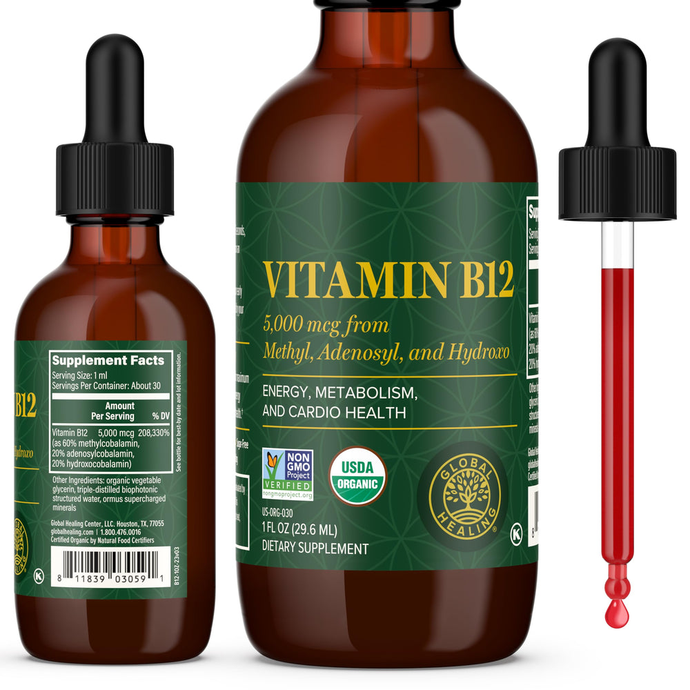 Global Healing Center Vitamin B12 Sublingual 5000 mcg Organic Liquid bottle front view