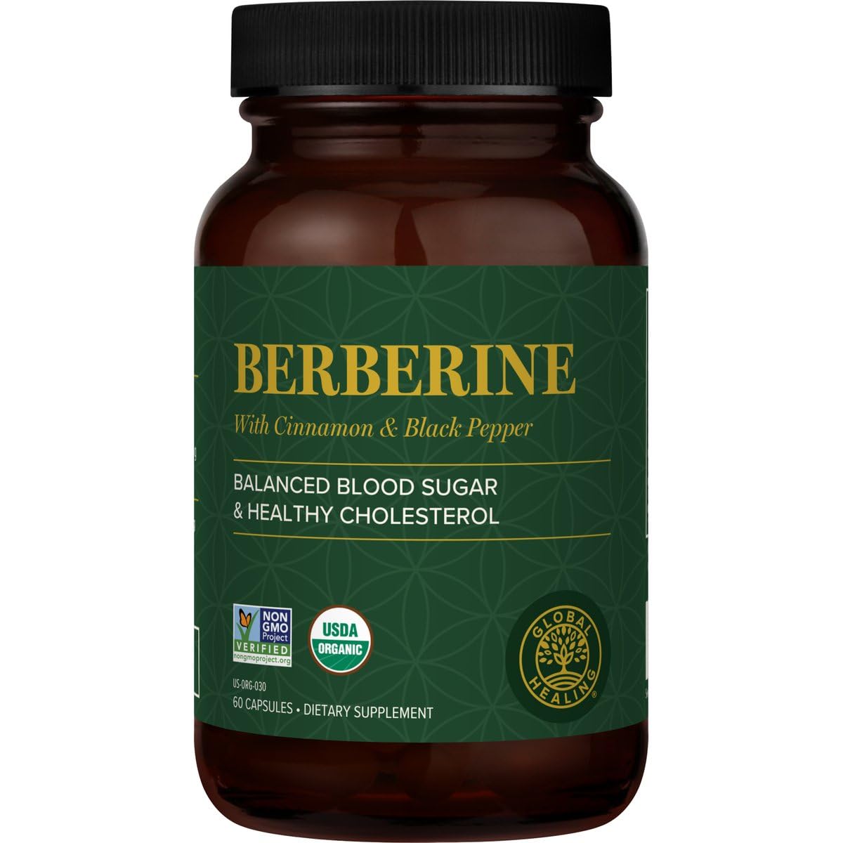 Global Healing Center Berberine 1200 mg bottle with Cinnamon and Black Pepper – 60 capsules