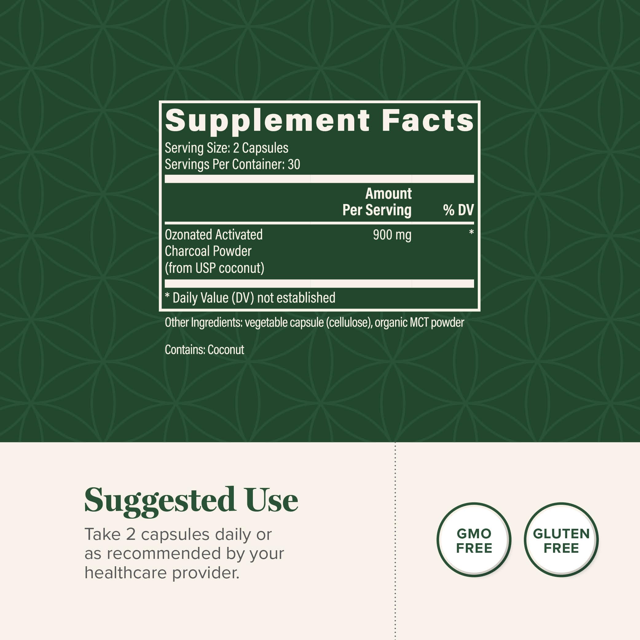 Product label for Global Healing Center Ozonated Activated Charcoal Powder