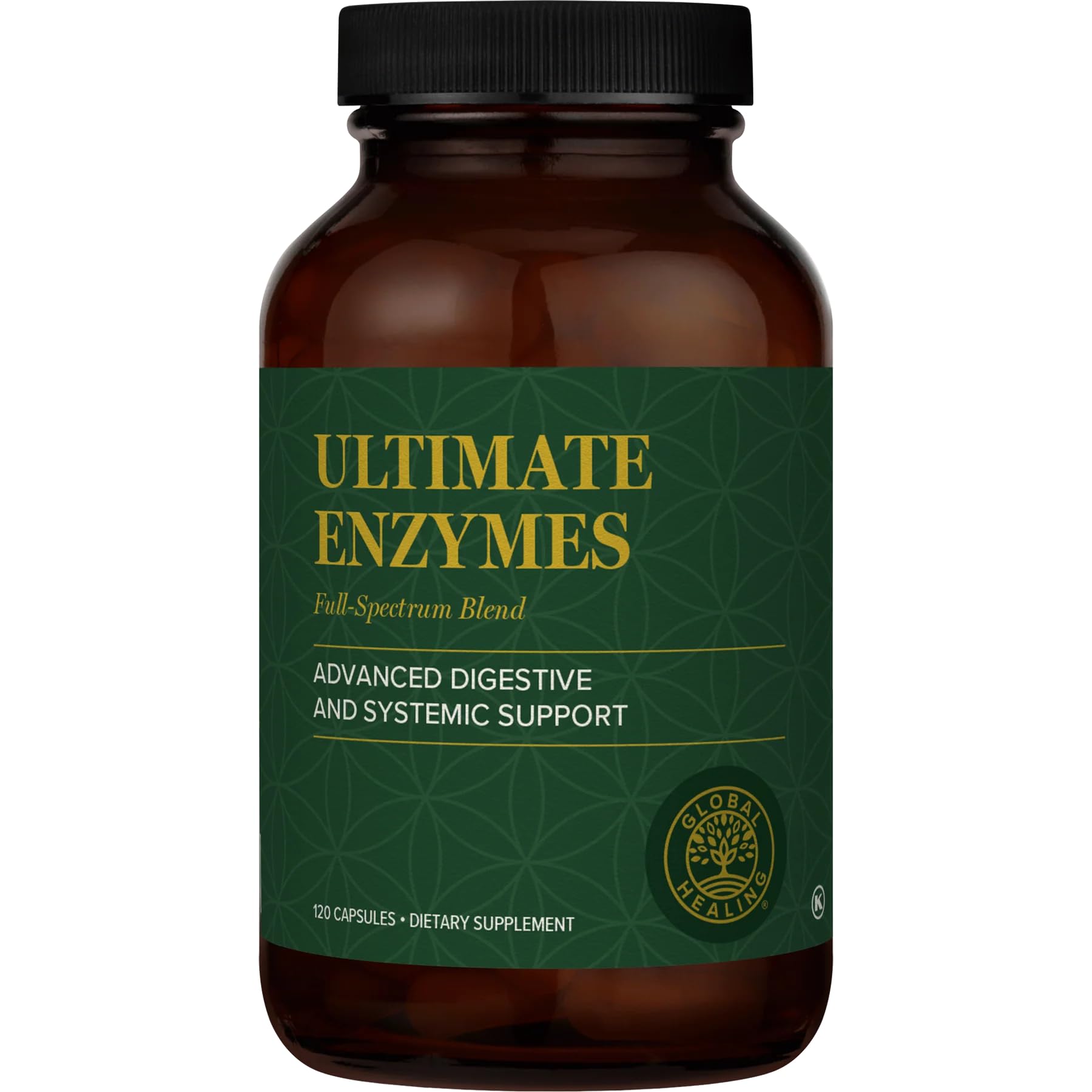 Global Healing Ultimate Enzymes bottle label with VeganZyme full-spectrum enzymes