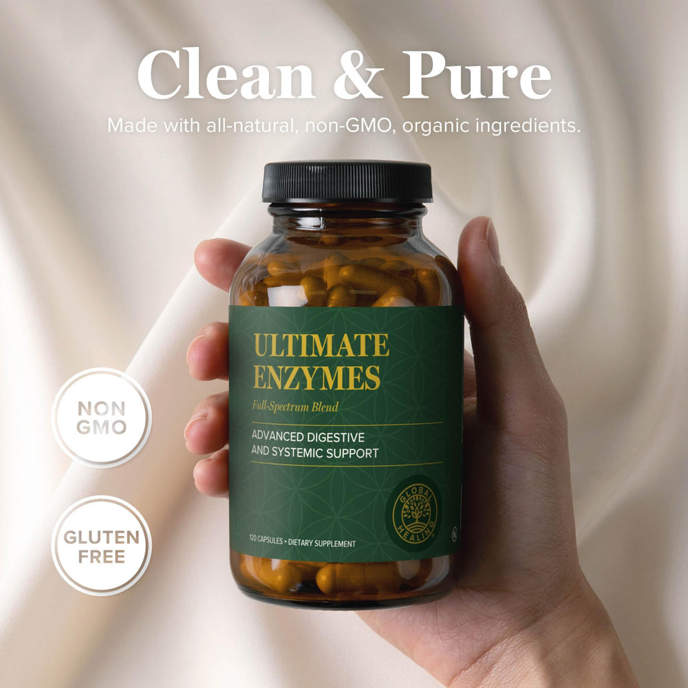Capsules spilled from a bottle of Global Healing Ultimate Enzymes