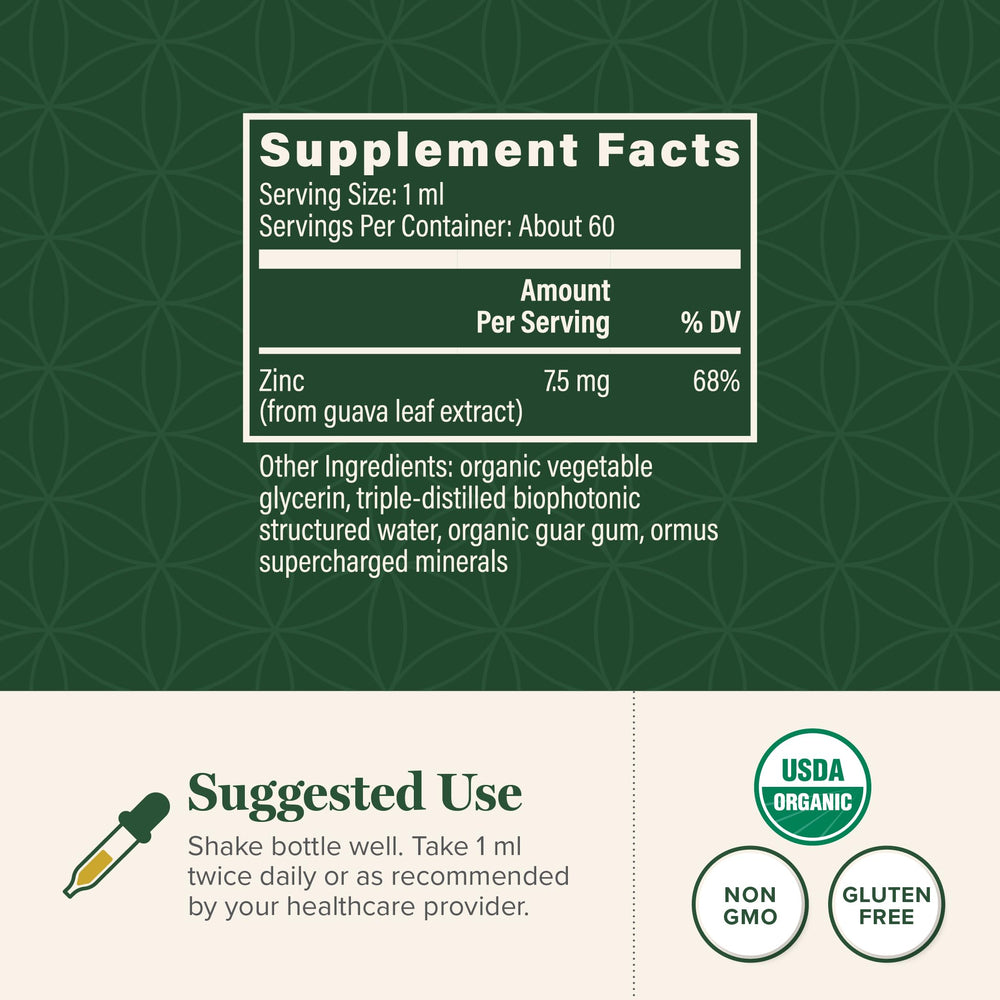 Close-up of label on Global Healing Zinc Liquid bottle