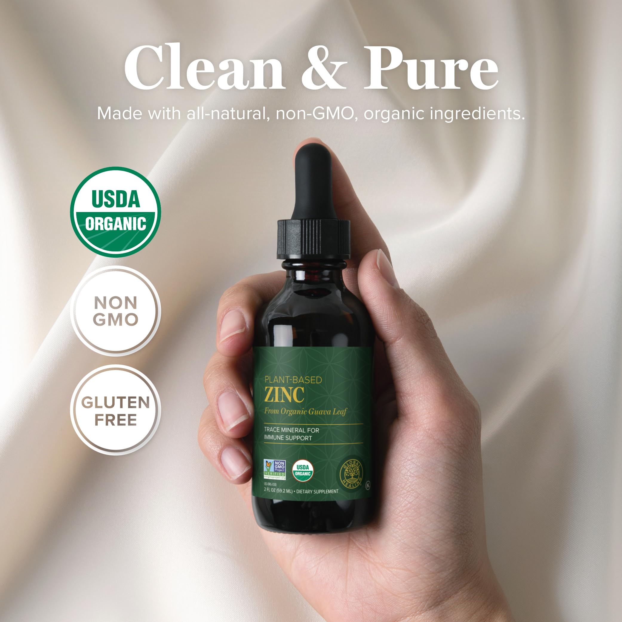 Global Healing Zinc Liquid packaging and dropper